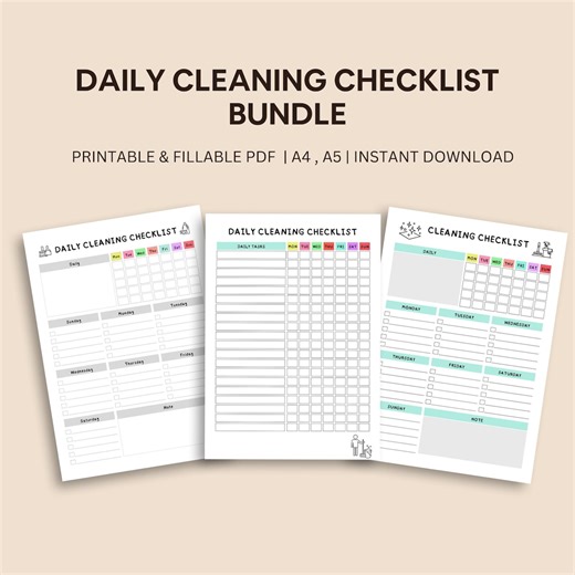 Daily Cleaning Checklist Bundle: Printable Fillable PDF (A4 & A5) - Etsy Australia