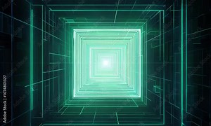 Digital Tunnel: A mesmerizing journey through a shimmering green digital tunnel, leading to a bright light, symbolizing progress, innovation, and the future.