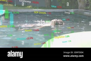 Pool water activating economic bar chart evolving around floating man highlighting inflation. Zen, tranquility, data visualization, financial analysis, modern, reflective, leisure Stock Video Footage - Alamy