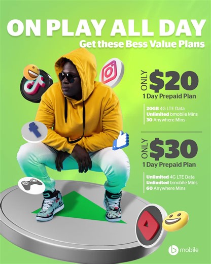 2.7K views · 240 reactions | Play all day with these Bess Value plans from mobile! With the new $20 or $30 1-Day Prepaid Plans get up to: • 60 Anywhere Minutes • Unlimited 4GLTE Data • Unlimited bmobile minutes • FREE WhatsApp and FB Messaging and more…. Bess Value for Small Money. Dial *123# today and don’t miss out! #bmobile #Prepaid #NewPlan #bessvalue | bmobile | Facebook