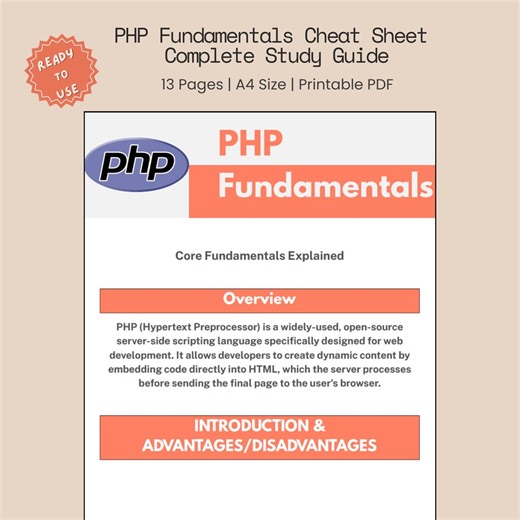 PHP Cheat Sheet Study Guide PDF, Complete PHP Fundamentals Revision for Exams and Technical Interview Preparations, Software Development It - Etsy