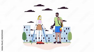 Black man waving prosthetic hand to friend with crutches line cartoon animation. Disability inclusion 4K video motion graphic. Diverse pals 2D linear animated characters isolated on white background