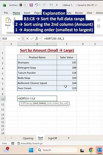 Excel Hack: Sort Numbers Small → Large in One Click! #excel #excelformula #dataanalysis