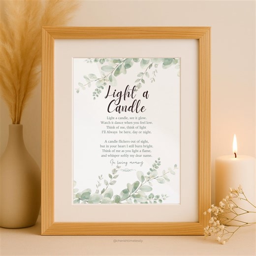Light a Candle – Memorial Poem Printable, Greenery Remembrance Poem for Funeral or Celebration of Life - Etsy