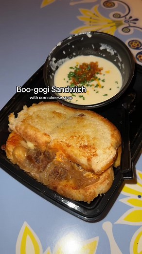 The Boo-gogi Toasted Sandwich has sooooo much meat and it’s one of the better holiday foods at Disney. It comes with a side of corn cheese soup for $15.49. #jollyholiday #boogogi #disneylandfood #disneyhalloween #halloweenfood