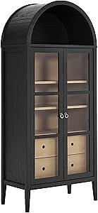 Modway Nolan Modern Farmhouse 71 Inch Tall Arched Storage Display Cabinet in Black Oak