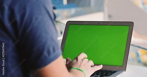 close up mockup male man hands using laptop pc computer typing message chatting online connection internet searching green screen chroma key network business typing keyboard click buttons 3g wifi busy