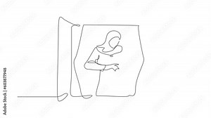Self drawing animation of single line draw Arab woman holding cat looking through window. Stay home and play with her pet. Stay safe during pandemic. Coronavirus. Continuous line. Full length animated