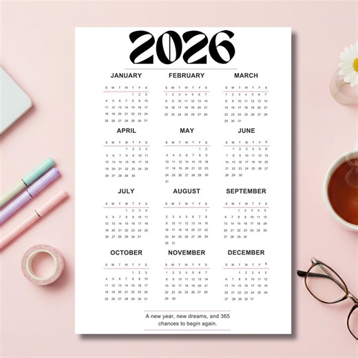 2026 Year at a Glance Calendar Printable, Minimalist One Page Wall Planner, Modern Yearly Calendar PDF Download - Etsy Australia