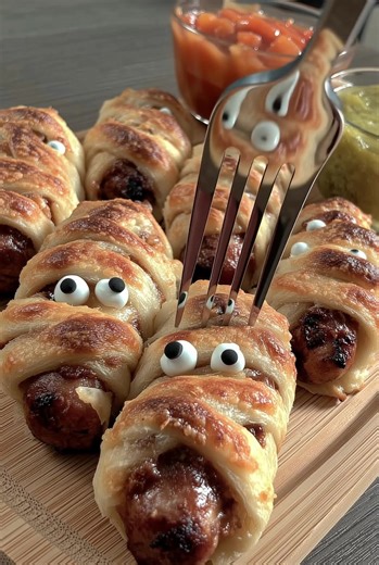 36K views · 19 reactions |  Mummy Hot Dogs ️ A spooky Halloween twist on pigs in a blanket – hot dogs wrapped in crescent dough “bandages,” baked until golden, with mustard eyes peeking through!  Ingredients: * 1 can refrigerated crescent roll dough * 8 hot dogs * 2 slices cheddar cheese (optional, cut into strips) ...... Full Recipe in Coʍmеոτ  | Meal Prep Recipes | Facebook