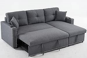 83" L-Shaped Sleeper Sectional Sofa with Storage Chaise & Cup Holders – Pull-Out Convertible Bed, 3-in-1 Space-Saving Design for Apartments, Modern Linen Fabric, Easy Assembly