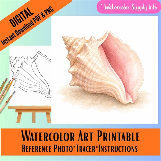 Conch Shell Watercolor Printable Set, Coastal Wall Art,instant Download,template: Painting Tracer, Step by Step Directions (PNG & PDF ) - Etsy