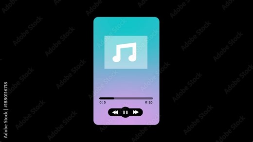 Music player interface animation with song icon and playback controls. Audio listening screen layout for media and sound interaction. Digital music control element for application and device use