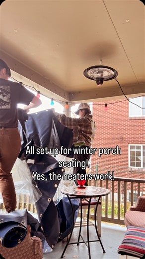 Winter is making its way into town and we took time to set up the porch! It took a minute to figure out which ones went to which side or front but we made it work! The rugs help to not only prevent you from slipping but also to add a bit more warmth! Our ceiling heaters work-just ask for the remote from the barista on the register…it’s in the cash drawer…just don’t put it on full blast or the main floor breaker will pop and go off 😉! Who’s ready to have tea on the porch and watch the snow fall 