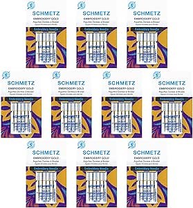 SCHMETZ Gold Embroidery Sewing Machine Needles - Titanium Coated for Smooth Stitching, Size 90/14, 5-Needle Cards, Box of 10