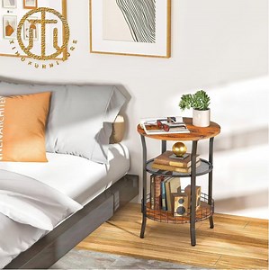 [Hot Item] Iron Wood Round Side Table Home Living Room 3-Layer Storage Rack