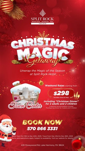 Unwrap the magic of the season at Split Rock Hotel👨‍👩‍👦❤️🌄 💲 Rates starting at $298 🍖🍇🍷 Thanksgiving Dinner for 2 adults & 2 children Book Now: https://bit.ly/Chrstms25SR | Split Rock Resort