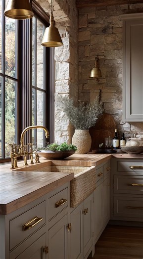 Vintage brass. Woven baskets. That filtered window light. This kitchen feels like it’s been waiting just for you. 🕯️🥖 #LuxuryFarmhouseStyle #RusticRomance | Prime Real Estate Inc.
