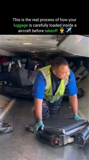 Knowledge Simplified on Instagram: "This video shows the inside of an airplane’s cargo hold where passenger luggage is loaded before takeoff. The suitcases move on a built-in roller conveyor system, making it easier for ground staff to push and position bags quickly and safely. Each bag is carefully arranged to balance the aircraft’s weight, which is very important for a smooth and safe flight. The worker secures the luggage so it doesn’t move during takeoff, turbulence, or landing. This behind-