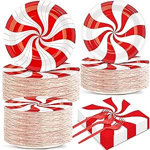 50 Guests Christmas Candy Cane Plates and Napkins Party Supplies Peppermint Party Decorations Disposable Tableware Set Red and White Striped Dinnerware Favor for Holiday Xmas Theme Party, 200PCS