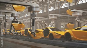 Modern, automated supercar assembly line. Robotic arms manufacturing vehicles.4K