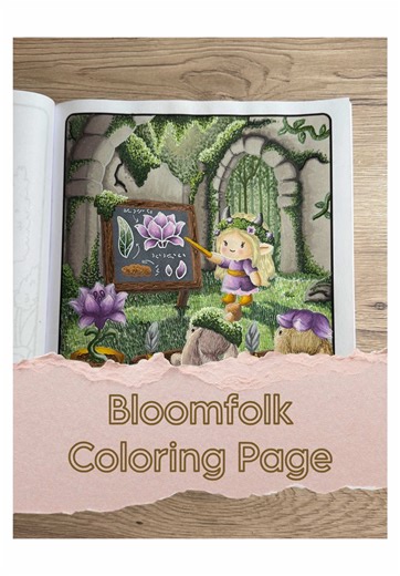 This page from Bloomfolk Foxglove Forest by @OdaAgdaColoring completely transported me into a tiny forest world. 🌿✨ Mossy ruins, a little Bloomfolk classroom, and a magical flower as the lesson of the day. 🌸 I love watching a page come to life layer by layer, from a blank page to a whole little scene. What detail is your favorite? 💜 #bloomfolk #coloringpages #bloomfolkcoloringbook #cozycoloring #coloringtutorial