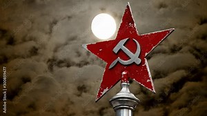 Symbols of Communism: Hammer, Sickle and Red Star, Concept of Old Politics, Time Lapse by Night with Full Moon and Dark Clouds