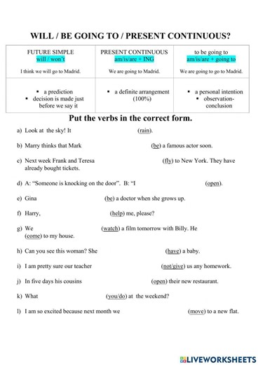 Future: will - be going to - present continuous worksheet