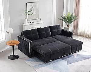 Tmosi Couch with Pull Out Bed, Sleeper Sectional L Shaped Velvet Sofa, 2 Seats Sofa with Reversible Storage Chaise, for Living Room Furniture Set (Black)