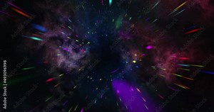 A looping abstract animation of flying through space with colorful stars zooming past, and a warping, spinning nebula background
