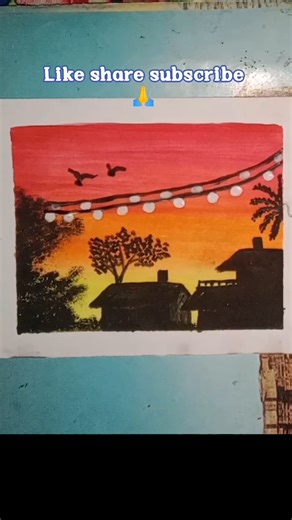 “Beautiful Sunset Painting 🌅 | Easy Village Scenery Drawing#short #art #viral #trending