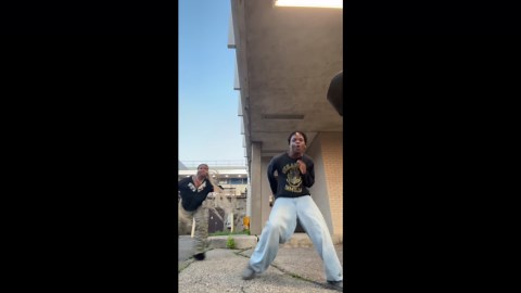 Dance mishap as pants rip mid-jump in Queens, New York, USA