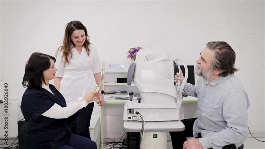 Ophthalmologist explaining vision test results to male patient with assistant during an eye examination
