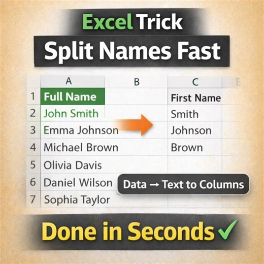 How to Split Names Instantly in Excel? Excel Trick That Saves Hours ⏱️ #exceltips#shorts