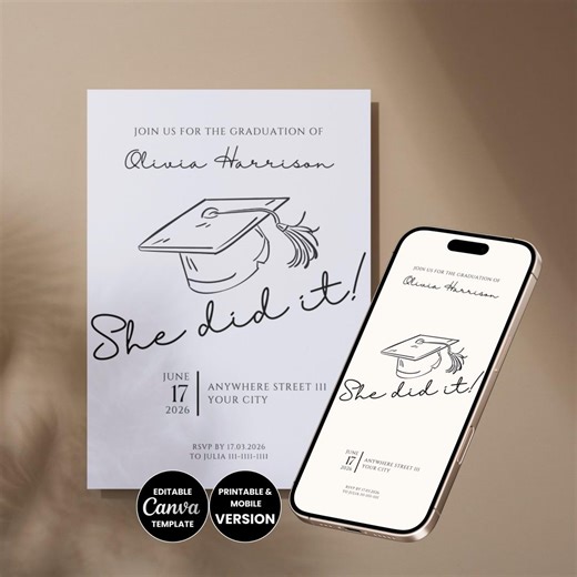 Editable Graduation Party Invitation Minimal Hand Drawn Graduation Announcement Canva Template She Did It Invitation Grad Party Invite Diy - Etsy