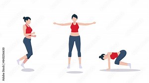 Animated woman doing several aerobic exercise movements on a white background