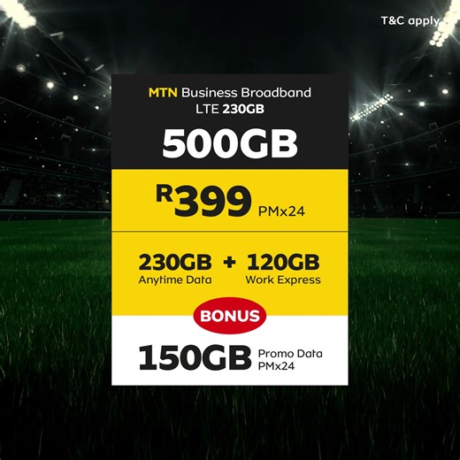 MTN Business takes business connectivity to new heights with our 500GB deal at R399 p/m for 24 months with a router included. Enjoy uninterrupted operations and witness the true power of seamless connectivity. Don’t miss out on this deal, valid only until 31 August. Sign up today: https://bit.ly/3rXk9NP #BusinessDoneBetter #MTNDoingWhatItTakes | MTN Business South Africa