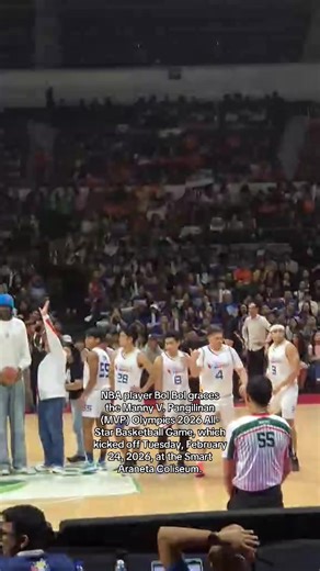 WATCH: NBA player Bol Bol graces the Manny V. Pangilinan (MVP) Olympics 2026 All-Star Basketball Game, which kicked off Tuesday, February 24, 2026, at the Smart Araneta Coliseum. The celebrity lineup includes JC de Vera, Derek Ramsey, Enrique Gil, David Licauco, Rabin Angeles, Marco Gallo, Michael Ver, among others. | via Nathalie Tomada #philippinestar #mvpgames #entertainmentnewsph