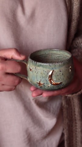 Celestial Mug: Handmade Pottery Coffee Cup With Gold Moon & Stars - Etsy