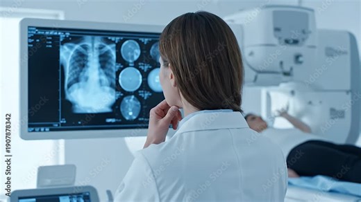 Female Doctor Examining Mammogram Results on Monitor in Hospital Room with Patient Lying on Examination Table for