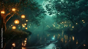 A mystical forest filled with floating lanterns, where participants find their center under the full moons mystical energy.