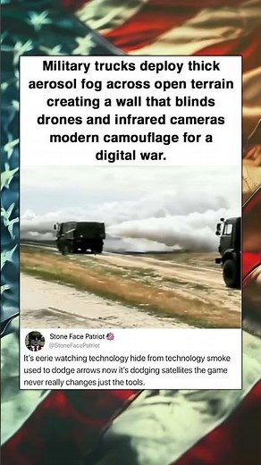 Military trucks deploy thick aerosol fog across open terrain creating a wall that blinds drones and