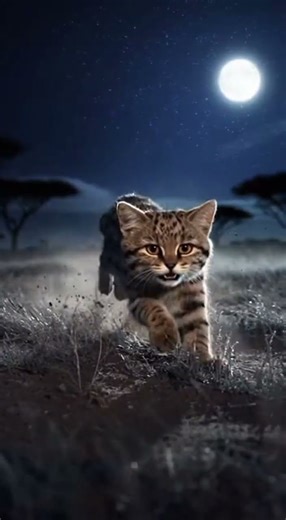 Black-footed Cat vs African Clawed Frog on the a cold, moonlit savanna with silvered grass