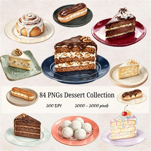 Dessert Clipart Bundle: 84 PNG, Watercolor Cakes & Pastries, Bakery Sweets Illustrations, Food Clipart for Stickers, Menus, Invites - Etsy
