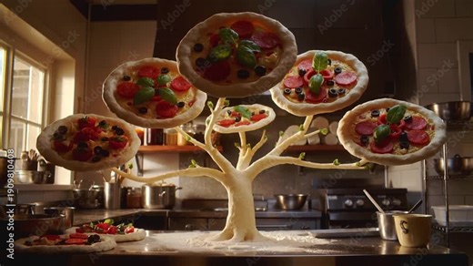 Pizza dough growing into tree shape with miniature pizzas on branches. Surreal culinary transformation in professional kitchen
