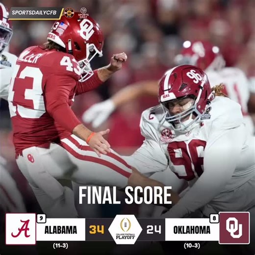 Sports Daily CFB on Instagram: "🚨BAMA COMES FROM BEHIND TO BEAT OKLAHOMA 🚨 Alabama trailed 17-0 with about 6 minutes left in the second quarter. They ended up tying the game before HT and taking control in the second half. The Crimson Tide won 34-24 and booked a spot against Indiana at the Rose Bowl on January 1. #alabamafootball #secfootball #sportsdailymedianetwork"
