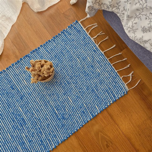 Small Turquoise Blue White Rug / Bath Mat / Bedside Rug / Recycled Cotton Rug / Laundry Rug / Rag Rug / Woven Rug / Rustic Home Decor - Etsy UK