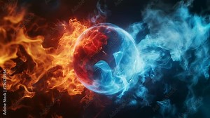 Visual image of contrasting spheres composed of fire and ice elements