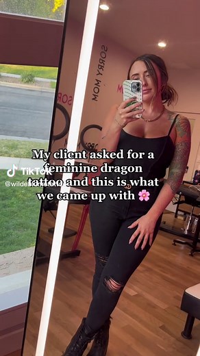 Feminine dragon tattoo cherry blossoms 🌸 #dragontattoo #cherryblossom #tattoo #utahtattooartist #finelinetattoo #femininetattoo