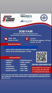 Security Guard JOB FAIR Hosted by NewarkWORKS in collaboration with American Firearms Academy & NJDOL Employment Services 10AM - 2PM Yesterday Monday, March 24, 2025 Location Newark Works / DOL Facility 375 McCarter Highway, 3rd Floor Newark, NJ 07114 This was a very productive event. 153 certified armed and unarmed security officers attended this event. There were 8 local security agencies that attended this event, all with the intentions of hiring Certified SORA Security Officers. This was a v